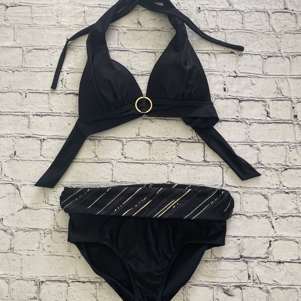 Simon Chang Vintage Black And Gold Bikini Padded Halter Top Size 10 Bond Girl EC - Picture 14 of 16